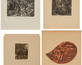 1233
Everardo Ramirez (1906–1992)
Four works:
One work titled "Escuela Rural," and three others depicting men at work
Each: Linocut on paper; the titled image on orange tissue paper
Three signed in pencil in the lower margin, at left, and one signed on the overmat, at right: Everardo Ramirez
Sheet of smallest: 11.125" H x 8.625" W; Sheet of largest: 16.125" H x 12" W
Estimate: $500 - $700