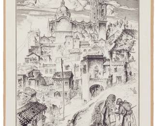 1082
Reynold Henry Weidenaar
1915-1985
"Ten O'Clock In Taxco," 1946
Etching and aquatint on paper
Edition: An artist proof (#2) apart from an edition of unknown size
Signed, titled, and inscribed in pencil in the lower margin: Reynold Weidenaar
Image: 17" H x 13" W; Sheet: 19.75" H x 15.75" W
Estimate: $700 - $900