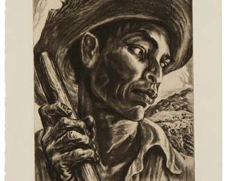 1189
Irwin D. Hoffman
1901-1989
"El Jibaro," 1940
Etching on wove paper
From the edition of 162
Signed and titled in pencil in the lower margin: Irwin D. Hoffman; Anderson-Lamb, prntr.; Associated American Aritsts, New York, pub.
Plate: 12" H x 9.875" W; Sheet: 15.25" H x 13.375" W
Estimate: $200 - $300