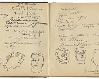 1038
Two Fred Davis Guest Books
Comprising two guest books from the homes of Frederick W. Davis in Cuernavaca and Mexico City, each memorializing Davis's social circle with guests from around the globe and providing insight into the breadth and depth of his most important collection - his friends and colleagues, and featuring signatures, inscriptions, and drawings from guests including: Rosa Rolando, Miguel Covarrubias, Earl and Ethel Stendhal, Diego Rivera, Frida Kahlo, Jean Charlot, Jaqueline Breton, Dwight & Elizabeth Marrow, Edna Ferber, Dr. Atl, James E. Fraser, Alfred Zalce, Rene d'Haroncourt, Edith Head, Aldous Huxley, Marian Anderson, Sylvanus Griswold Morley, and many other notable individuals
Volume One: Cuernavaca, 84 pages approximately, leather-bound and gilt-stamped with gilt edges
Volume Two: Mexico City, 114 pages approximately, tooled leather-bound with gilt edges
Larger: 8.125" H x 11" W x 0.875" D; smaller: 6.325" H x 9.25" W x 1" D
Estimate: $3,000 - $5,000