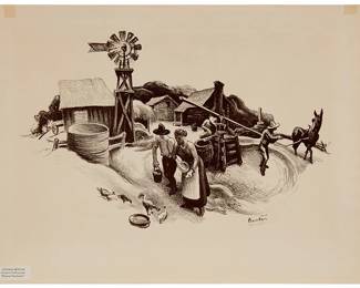 1199
Thomas Hart Benton
1889-1975
"Missouri Farmyard," 1936
Lithograph on wove paper
From the edition of 250
Signed in pencil below the image, at right: Benton; Associated American Artists, New York, pub.
Image: 10.25" H x 16" W; Sheet: 14.25" H x 18.875" W
Estimate: $1,000 - $1,500