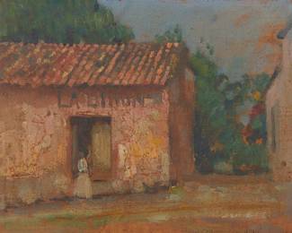 1248
Alson Skinner Clark
1876-1949
"Linda La Union"
Oil on board
Signed faintly lower right: Alson Skinner Clark; signed again and titled on the frame's backing paper: Alson Clark
7.5" H x 9.5" W
Estimate: $2,000 - $3,000