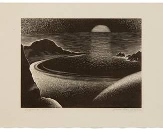 1200
Paul Landacre
1893-1963
"Laguna Cove," 1941
Wood engraving on Japanese paper
From the edition of 200
Signed and titled in pencil in the lower margin: Paul Landacre; with the printed title, date, and edition information as part of the colophon on the verso of the original presentation mat/folder; Tipped down to the wove paper presentation mat/folder at the tips of the upper margin corners; The Woodcut Society, Kansas City, MO, pub.
Image: 5.25" H x 7.125" W; Sheet: 7.325" H x 10.75" W
Estimate: $2,000 - $3,000