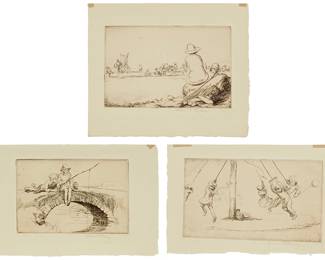 1300
Eileen Alice Soper (1905-1990)
Three works:
"Tiddlers," 1921
Etching on cream laid paper
Signed in pencil in the lower margin, at right: Eileen A. Soper; Titled in pencil on the overmat, lower left; with the dated rose blindstamp on the overmat, lower right
Plate: 4" H x 6" W; Sheet: 6" H x 9.375" W
"The Sands," 1921
Etching on cream laid paper
Signed in pencil in the lower margin, at right: Eileen A. Soper; Titled in pencil on the overmat, lower left; with the dated rose blindstamp on the overmat, lower right
Plate: 5" H x 7.375" W; Sheet: 8" H x 9.375" H
"The Giant Stride," 1921
Signed in pencil in the lower margin, at right: Eileen A. Soper; Titled in pencil on the overmat, lower left; with the dated rose blindstamp on the overmat, lower right
Plate: 4.25" H x 7.5" W; Sheet: 6" H x 9.25" W
Estimate: $300 - $500