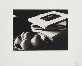 1015
Beaumont Newhall
b.1901
"Still Life - Wildcat Hill," 1940-41
Gelatin silver print on paper mounted to a board mount
Signed, titled, and dated in pencil on the mount and directly below the image: Beaumont Newhall; inscribed in pencil in lower right corner of the mount: For Amy - / In appreciation / and with affection / - Beaumont
Image: 9.25" H x 12.25" W; Sight: 15.75" H x 19.75" W
Estimate: $500 - $700