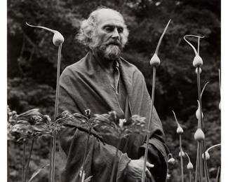 1010
Imogen Cunningham
1883-1976
"Morris Graves In His Leek Garden," 1973
Gelatin silver print on paper mounted to a board mount
Signed and dated in pencil on the mount below the image, at left: Imogen Cunningham; titled and dated again on the artist's label affixed to the mount, verso
Image: 9.75" H x 7.375" W; Mount: 14.5" H x 11.5" W
Estimate: $1,000 - $1,500