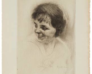 1260
Edgar Chahine
1874-1947
Portrait Of A Woman, 1923
Etching on wove paper
Signed in pencil in the lower margin, at left: Edgar Chahine; a pencil notation in the lower margin edge, at left
Plate: 8.625" H x 6" W; Sheet: 11.125" H x 9.875" W
Estimate: $200 - $300