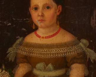 1110
19th/20th Century Mexican School
A Mexican retablo of a young girl
Oil on tin
Unsigned
17" H x 12.5" W
Estimate: $800 - $1,200