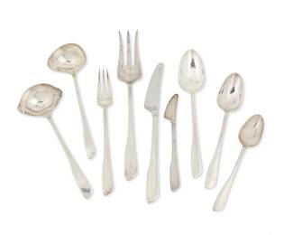 1208
Mid-20th century; Denmark
A Frigast "Gazelle" Sterling Silver Flatware Service
Marked: Frigast Sterling Denmark
Comprising 8 dinner knives (8.875"), 1 jelly knife (6"), 3 table spoons (8"), 9 place/oval soup spoons (7.25"), 7 teaspoons (6"), 8 dinner forks (7.75"), 8 salad forks (6.875"), 1 serving fork (9.625"), 1 punch ladle (7.25"), and 1 gravy ladle (7.25"), all housed in a felt-lined wood case, 37 pieces
Case: 4.125" H x 15.875" W x 11.75" D
59.26 oz. troy approximately
Estimate: $700 - $900