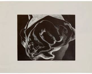 1241
Alessandro Mastro-Valerio
1887-1953
"In The Space," 1944
Wood engraving on laid paper
From the edition of 200
Signed in pencil in the lower margin, at right: Alessandro Mastro-Valerio; with the printed title, date, and edition information as part of the colophon on the verso of the presentation mat/folder; taped at the tips of the upper margin corners to the original wove paper presentation mat/folder; The Woodcut Society, Alexandria, VA, pub.
Image: 5.875" H x 7.5" W; Sheet: 9.25" H x 12.25" W
Estimate: $300 - $500