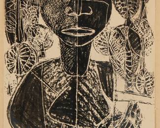 1263
20th Century Latin American School
"La Mirada de Selva," 1957
Woodcut on wove paper
Unsigned; titled in pencil lower left
Image/Sheet: 13.75" H x 10.75" W
Estimate: $200 - $300