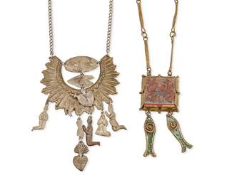 1344
A Group Of Mexican Jewelry
Two works:
Armando Lozano Ramirez (b. 1950, Mexico)
A Brutalist-style bronze metal necklace, late 20th century
Stamped: LORENZO; further marked to ceramic tile verso: Tonala Mexico / '90 / Angel Santos
A pendant necklace with bronze metal 'bone'-shaped chain links suspending a metal-encased Tonala painted tile pendant with two fish dangles
26" L x 3.75" H
A silver-toned metal milagro necklace, mid/late 20th century
Appears unmarked
Comprising an ornate pendant of various milagro charms and images suspended from an upturned crown motif, with multiple milagro dangles
24.5" L x 5.5" H
2 pieces
Estimate: $300 - $500