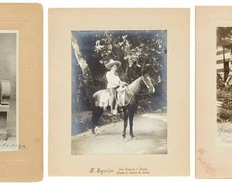 1276
A Group Of Vintage Vaquero Portraits
Late 19th/early 20th century
Silver gelatin prints mounted to thin board mount, each with Mexican photographic company marks including: Fotografia Daguerre/ Mexico, and F. Esperon /Mexico
Unsigned; two with inscriptions, verso, and one with an inscription, recto
Largest Image: 9.5" H x 7.625" W; Largest Mount: 13.5" H x 11" W
Estimate: $400 - $600