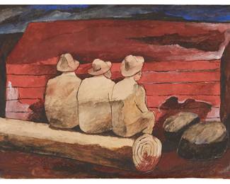 1061
Rufino Tamayo
1899-1991
Three Figures On A Log, 1932
Watercolor on wove paper, watermark Bond Champion
Signed and dated on the red structure in the upper right quadrant: Tamayo
Image/Sheet: 8.625" H x 13.375" W
Estimate: $15,000 - $20,000