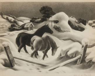 1202
John Stockton De Martelly
1903-1979
"White Pastures," 1939
Lithograph on paper
From the edition of 250
Signed in pencil in the lower margin, at right: John S. de Martelly; Associated American Artists, New York, pub.
Image: 10" H x 13.5" W; Sight: 10.75" H x 14.5" W
Estimate: $400 - $600