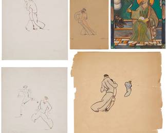 1070
René D'Harnoncourt (1901-1968)
Five works:
Four depictions of couples dancing; one image of St. John the Evangelist, each circa 1927
Each: of the four dancing images: ink, pencil and/or colored pencil on various papers or mat board;
St. John the Evangelist: watercolor and gouache on paper
Three of the dancing couples signed in pencil: Rene d'Harnoncourt, one unsigned; St John the Evangelist unsigned; three of the dancing couples also titled and/or dated
Sheet of largest: 12" H x 10" W approx.; Sheet of smallest: 7" H x 5" W
Estimate: $300 - $500