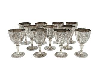1090
Mid-20th century; Mexico City, Mexico
A Set Of Sanborns Sterling Silver Goblets
Each marked: [Three owls] / Sanborns Mexico / Sterling
The goblets with incised scrolled and avian motifs, 11 pieces
Each: 5.25" H x 3.125" Dia.
93.6 oz. troy approximately
Estimate: $1,000 - $1,500
