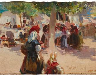 1184
Julio Vila Prades
1873-1930
"En El Mercado"
Oil on canvas
Signed faintly at the lower right: Julio Prades; titled on the stretcher
20.25" H x 31.375" W
Estimate: $800 - $1,200