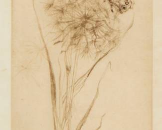 1255
Katherine Cameron
1874-1965
Floral Still Life With Butterflies
Etching in brown ink on Japan paper
Signed in pencil in the lower margin, at left: K Cameron; inscribed in pencil at the lower margin edge: KC 39
Plate: 14.75" H x 5.25" W; Sheet: 17.125" H x 7.25" W
Estimate: $800 - $1,200