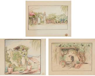 1067
René D'Harnoncourt (1901-1968)
Three works:
Drawings of Frederick W. Davis's house in Cuernavaca, Mexico
Each colored pencil on paper
Each titled and signed in the lower edge: R. Harnoncourt
Largest image: 10.5" H x 11" W; Each sight: 11.5" H x 14.5" W
Estimate: $300 - $500