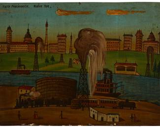 1108
20th Century Mexican School Panoramic View Of New York
Oil on a tin retablo
Unsigned; inscribed along the upper edge, at left: Vista Panoramica. Nueva Yor.
10.125" H x 14" W
Estimate: $1,000 - $1,500