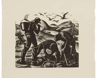 1214
Clare Leighton
1898-1989
"Clam Diggers," 1946
Wood engraving on laid paper
Edition: 55/250
Signed and numbered in pencil in the lower margin: Clare Leighton; with the printed title, date, and edition information as part of the colophon on the verso of the presentation mat/folder; Taped at the tips of the upper margin corners to the original wove paper presentation mat/folder; The Woodcut Society, Alexandria, VA, pub.
Image: 7" H x 7.75" W; Sheet: 10" H x 11.5" W
Estimate: $400 - $600