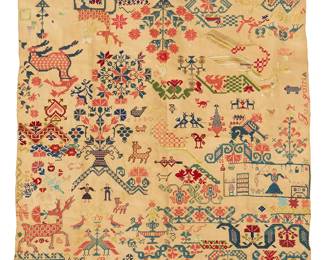 1178
Mid-20th century
A Pictorial Needlework Sampler
Initialed in design: PA / LF
A large needlework cross stitch needlepoint and embroidered sampler worked in classic designs in polychrome threads in a variety of stitches on a plain weave ground, depicting multiple animals, figures and floral and geometric motifs, with the phrase "Tu a quina" to one side
30" H x 30.25" W
Estimate: $300 - $500