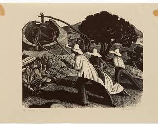 1212
Clare Leighton
1898-1989
"Winnowers, Majorca," 1939
Wood engraving on laid paper
Edition: 68/200
Signed, titled, and numbered in pencil in the lower margin: Clare Leighton; with the printed title, date, and edition information as part of the colophon on the verso of the presentation mat/folder; the work is affixed to the original wove paper presentation mat/folder at the upper margin corners; The Woodcut Society, Kansas City, MO, pub.
Image: 6" H x 7.625" W; Sheet: 7.5" H x 11.25" W
Estimate: $400 - $600