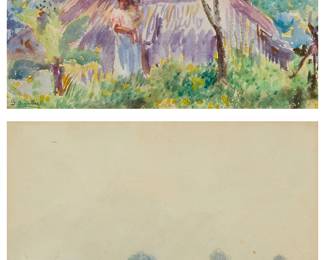 1250
Gonzalo Arguelles Bringas (1867-1941)
Two works:
Mother and child in a landscape
Watercolor on paper tipped to matboard
Signed lower left: G. Arguelles B.
Image/Sheet: 7.5" H x 10.875" W
Scene of a village
Watercolor on paper
Signed lower right: G. Arguelles B.
Sight: 8" H x 10.375" W
Estimate: $400 - $600