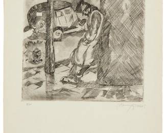1080
Isidoro Ocampo
1910-1983
Man At The Street Corner, 1930
Etching on laid paper, watermark Ingres
Edition: 4/50
Signed and numbered in pencil in the lower margin: Isidoro Ocampo
Plate: 10" H x 9.5" W; Sheet: 18.625" H x 12.5" W
Estimate: $400 - $600
