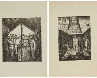 1236
Francisco Mora (1922-2002)
Two works:
Untitled, 1945
Lithograph on wove paper
Edition: 1/10
Signed, dated, and numbered in pencil in the lower margin: Mora
Image: 10.25" H x 9.25" W; Sheet: 17.5" H x 11.75" W
"La Gran Ciudad," 1945
Lithograph on wove paper
Edition: 4/15
Signed, dated, and numbered in pencil in the lower margin: Mora
Image: 11.625" H x 8.25" W; Sheet: 19.75" H x 12.875" W
Estimate: $400 - $600