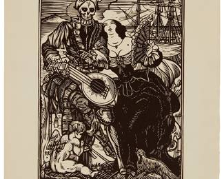 1188
Maximilien Vox
1894-1974
"O Mort, Vieux Capitaine, Il Est Temps, Levons L'ancre" From "Byblis: Miroir Des Arts Du Livre Et De L'Estampe," No. 12, Winter 1924
Woodcut on wove paper, watermark Arches
From the edition of unknown size
Signed in pencil in the lower margin, at right: Vox; with a pencil notation, possibly in another hand, in the lower margin edge, at left
Image: 8" H x 6" W; Sheet: 11.125" H x 9" W
Estimate: $200 - $300