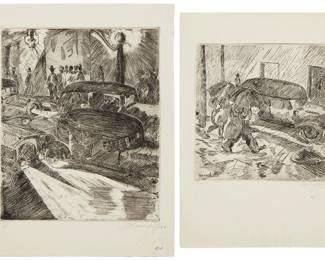 1220
Isidoro Ocampo (1910-1983)
Two works:
Busy street scene, 1930
Etching on laid paper
Edition: 5/?
Signed, dated, and numbered partially in pencil in the lower margin: Isidoro Ocampo
Plate: 9.75" H x 7.75" W; Sheet: 12.5" H x 9.375" W
Rainy street scene, 1930
Etching on laid paper, watermark Ingres
Edition: 5/50
Signed, dated, and numbered in pencil in the lower margin: Isidoro Ocampo
Plate: 10.875" H x 10.25" W; Sheet: 18.375" H x 12.375" W
Estimate: $500 - $700