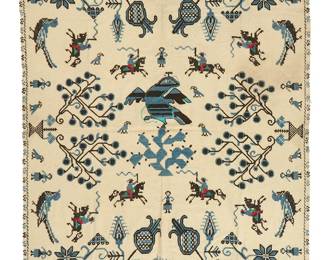 1040
A Crewel-Style Embroidered Pictorial Textile
Mid-20th century; Mexico
Possibly made or designed by René d'Harnoncourt, the bedspread or coverlet is worked in various shades of blue, black and red wool yarn in crewel work-style embroidery on a plain weave likely wool ground with various figural and floral motifs including birds large and small, figures on horseback, multiple flower stalks and sprigs, and with a large central motif of a perched eagle atop cactus, likely alluding to the Mexican coat of arms
91" H x 54" W (loom width)
Estimate: $300 - $500