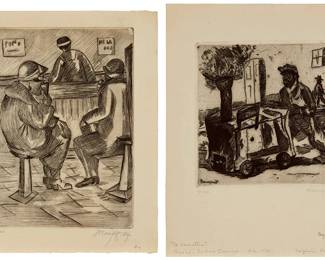 1224
Isidoro Ocampo (1910-1983)
Two works:
Three figures in a bar, 1929
Etching and drypoint on laid paper, watermark Handmade
Edition: 3/30
Signed, dated, and numbered in pencil in the lower margin: I. Ocampo
Plate: 9.5" H x 6.875" W; Sheet: 11.5" H x 9" W
"El Camotero," 1931
Etching and drypoint on wove paper
Edition: 21/30
Signed and dated in the plate; Signed, dated, and numbered in pencil in the lower margin: I. Ocampo; a pencil notation in the lower margin
Plate: 7.25" H x 7.25" W; Sheet: 12.5" H x 9.75" W
Estimate: $500 - $700