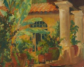 1138
Alberta Kinsey
1875-1952
Veranda With Plants, 1929
Oil on canvas
Signed and dated lower left: Alberta Kinsey
20" H x 18" W
Estimate: $1,000 - $1,500
