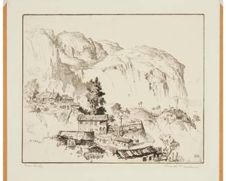 1084
Reynold Henry Weidenaar
1915-1985
"Taxco Bluffs"
Etching on laid cream paper
From the edition of 75
Signed and titled in pencil in the lower margin: Reynold H. Weidenaar; titled again on a label affixed to the back mat; Alfred Fowler, Alexandria, VA, pub.
Plate: 9" H x 11" W; Sheet: 11.5" H x 13.25" W
Estimate: $400 - $600