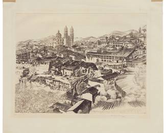 1289
John Taylor Arms
1887-1953
"Light And Shade, Taxco," 1946
Etching in brown ink on cream laid paper, watermark Praga
From an edition of 279 in this, the second state
Signed and dated in pencil in the lower margin, at right: John Taylor Arms; inscribed in pencil in the lower margin, at left: II [Roman numerals]
Plate: 10.5" H x 13.75" W; Sheet: 14.125" H x 16.75" W
Estimate: $400 - $600