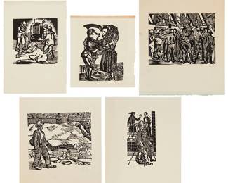 1235
Francisco Mora (1922-2002)
Five works:
Figure walking by a town, 1947
Linocut on paper
From the edition of unknown size
Signed and dated in pencil in the lower margin, at right: Mora
Image: 5.125" H x 5.5" W; Sheet: 8.375" H x 7.125" W
Dancers, 1947
Linocut on paper
From the edition of unknown size
Signed and dated in pencil in the lower margin, at right: Mora
Image: 4.125" H x 5.5" W; Sheet: 8.5" H x 7" W
Walking figures, 1947
Linocut on paper
From the edition of unknown size
Signed and dated in pencil in the lower margin, at right: Mora
Image: 5.125" H x 2.75" W; Sheet: 8.5" H x 7.125" W
Ranchers with ox, 1947
Linocut on paper
From the edition of unknown size
Signed and dated in pencil in the lower margin, at right: Mora
Image: 4.875" H x 4.5" W; 9.75" H x 6.625" W
Man and woman, 1947
Linocut on paper
From the edition of unknown size
Signed and dated in pencil in the lower margin, at right: Mora
Image: 6.25" H x 4.5" W; Sheet: 7.75" H x 6.75" W
Estimate: $500 - $700