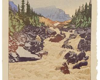 1257
Walter Joseph Phillips
1884-1963
'Above Lake Louise,' 1945
Woodcut in colors on laid paper
From the edition of 200
Signed in pencil in the lower margin, at right: W.J. Phillips; with the printed title, date, and edition information as part of the colophon on the verso of the presentation mat/folder; taped at the tips of the upper margin corners to the original wove paper presentation mat/folder; The Woodcut Society, Alexandria, VA, pub.
Image: 7.5" H x 6.25" W; Sheet: 8.5" H x 7.25" W
Estimate: $800 - $1,200