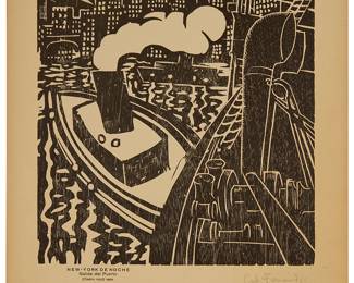 1195
Gabriel Fernández Ledesma
1900–1983
"New York De Noche (Salida Del Puerto)" From The Portfolio "15 Grabados En Madera," 1929
Woodcut on thick beige paper
Signed in pencil in the lower margin, at right: Gab. Fernández Ledesma; with the letterpress title and date in the lower margin, at left
Image: 11.375" H x 11" W; Sheet: 17.25" H x 13.5" W
Estimate: $400 - $600