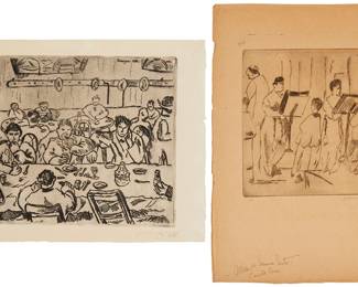 1225
Isidoro Ocampo (1910-1983)
Two works:
Dining hall scene, 1931
Etching on thin laid paper
Edition: 3/50
Signed, dated, and numbered in pencil in the lower margin: Isidoro Ocampo
Plate: 9.5" H x 11" W; Sheet: 11.25" H x 14" W
Choir practice, 1930
Etching on thin brown paper
Edition: 6/30
Signed, dated, numbered, and inscribed in pencil in the lower margin: Isidoro Ocampo / Misa de Semana Santa / Punta Seca; dated again in pencil in the upper margin, at left
Plate: 10.375" H x 10" W; Sheet" 19.625" H x 13.75" W
Estimate: $500 - $700