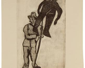 1079
Isidoro Ocampo
1910-1983
"El Judero," 1930
Etching on laid paper
Edition: 5/10
Signed, titled, dated, numbered, and inscribed in pencil in the lower margin: I. Ocampo / 04
Plate: 11.625" H x 6.75" W; Sheet: 15" H x 11.25 (approx.)
Estimate: $400 - $600