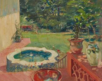 1132
Cadwallader Lincoln Washburn
1866-1965
Fred Davis's Garden In Cuernavaca
Oil on canvas
Signed lower right: Cadwallader Lincoln Washburn
25.5" H x 26" W
Estimate: $800 - $1,200