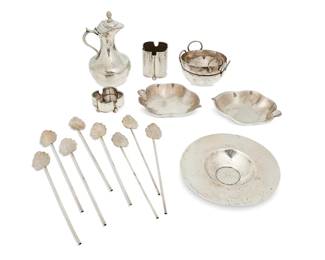 1325
Circa 1930s/40s
A Group Of Silver Table Items
Stirrers marked: TG / 925 / Hecho en Mexico; six marked: [Three owls] / Sanborns Mexico / Sterling
Comprising a Sanborns small pitcher with hinged lid, two Sanborns footed ashtrays, three Sanborns serving dishes, eight cocktail stirrers, and two footed bowls with opposed handles, 16 pieces
Pitcher: 6.625" H x 4" W x 3.75" D; Smallest: 1.25" H x 2.25" W x 2.25" D
Weighable sterling: 27.8 oz. troy approximately
Estimate: $400 - $600