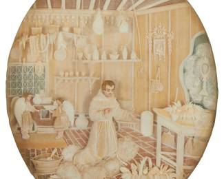 1177
Late 19th/early 20th century
A Carved Wood Diorama Of San Pascual Bailon
Appears unsigned
The finely carved wood diorama set in a gilt metal oval frame, depicting San Pascual Bailon, the patron saint of cooks, kitchens, and shepherds
6.75" H x 5.375" W
Estimate: $300 - $500