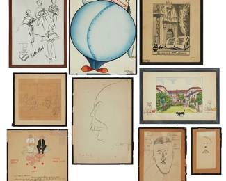 1285
A Group Of Inscribed Artworks By Guests Of Fred Davis's Home
Comprising various personalized works from guests of Frederick Davis' Cuernavaca home including: an ink and watercolor painting of Davis' Cuernavaca retreat with the family pets by Jorge A. Murillo, an ink and watercolor painting by Matias Santoyo (1905-1975) dated 1931 as well as a pencil drawing, a signed croquis by costume designer Edith Head (1897-1981), a pencil portrait of William "Bill" Spratling, a bookplate reading "Ex Libris Frederick W. Davis," a portrait of Davis at the right hand of a disgruntled God by [indecipherable] Duncan, and two more pencil drawings, 9 pieces
Largest: 12.75" H x 9.75" W; Smallest: 6.5" H x 4.25" W
Estimate: $500 - $700