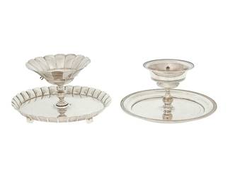 1130
Early/mid-20th century; Mexico City, Mexico
Two Sanborns Sterling Silver Braziers
Each marked to underside: [Three owls] / Sanborns Mexico / Sterling
Comprising one with fluted ridged edges set on four ball feet and one with beveled edges and incised concentric lines, 2 pieces
Larger: 4.25" H x 7.75" Dia.; smaller: 3.5" H x 7.625" Dia.
34.1 oz. troy approximately
Estimate: $500 - $700