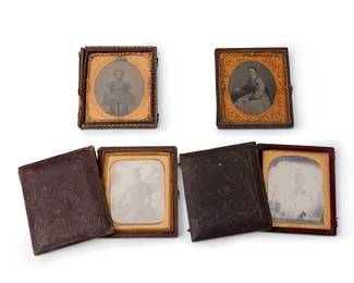1272
19th century
Four Framed Daguerreotype Portraits
Comprising four ninth plate portraits, three depicting seated young women, one depicting a little girl, each framed in gold-toned metal preservers and set into a wood case bound with applied tooled leather
Each case: 3.75" H x 3.25" W x 0.75" D approximately
Estimate: $200 - $400