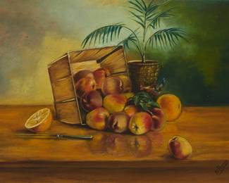 1266
N. Flores
20th century
Still Life With Fruit And A Chicken
Oil on canvas
Signed lower right: N. Flores
22" H x 31" W
Estimate: $300 - $500